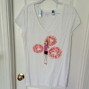 Ann Taylor LOFT White Fashion Print Tee with Orange and Red Color Burst Accents